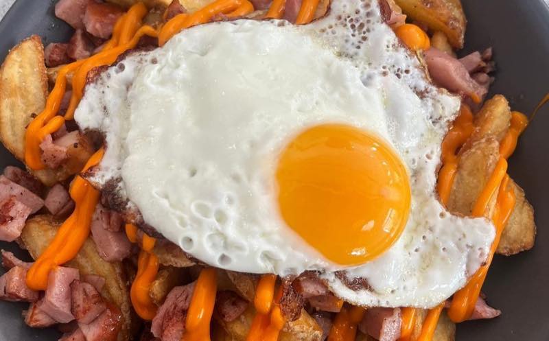 Cheddar Bacon Fries: Fries, cheddar, bacon, fried egg