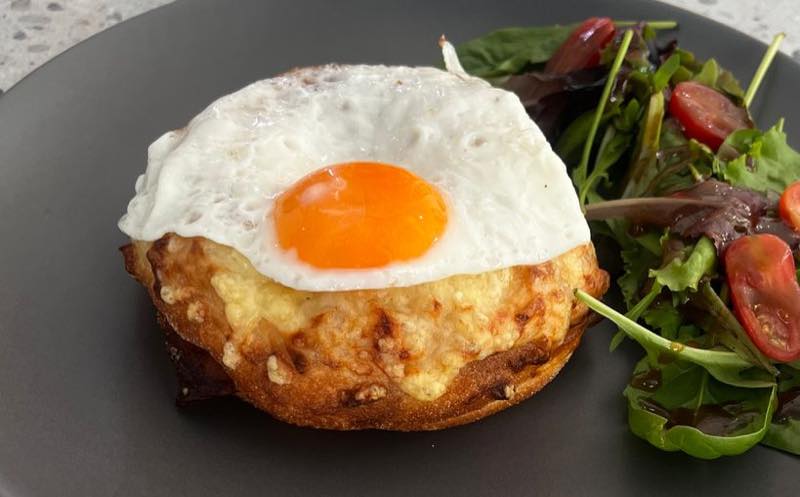 Croque Madame: Bacon, turkey, kefalotiri cheese, fried egg and béchamel