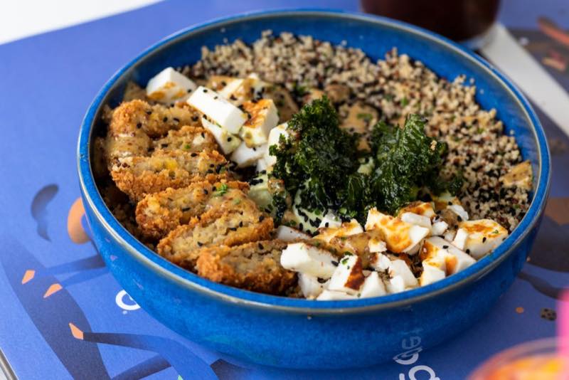 Falafel Bowl: Tricolor quinoa, falafel, guacamole, grilled manouri cheese, black sesame seeds, carrot and sour honey…