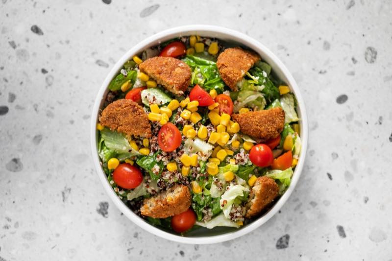 FalaFell In Love: Lettuce, iceberg, falafel, vegan mayo with chives, cherry tomatoes, quinoa and corn