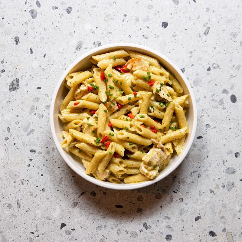Run chicken, run: Penne pasta, cream sauce, chicken, kefalotiri cheese, basil pesto, chili and chives